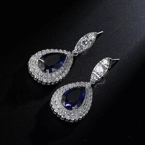New Womens Blue Crystal Dangle Earrings Silver